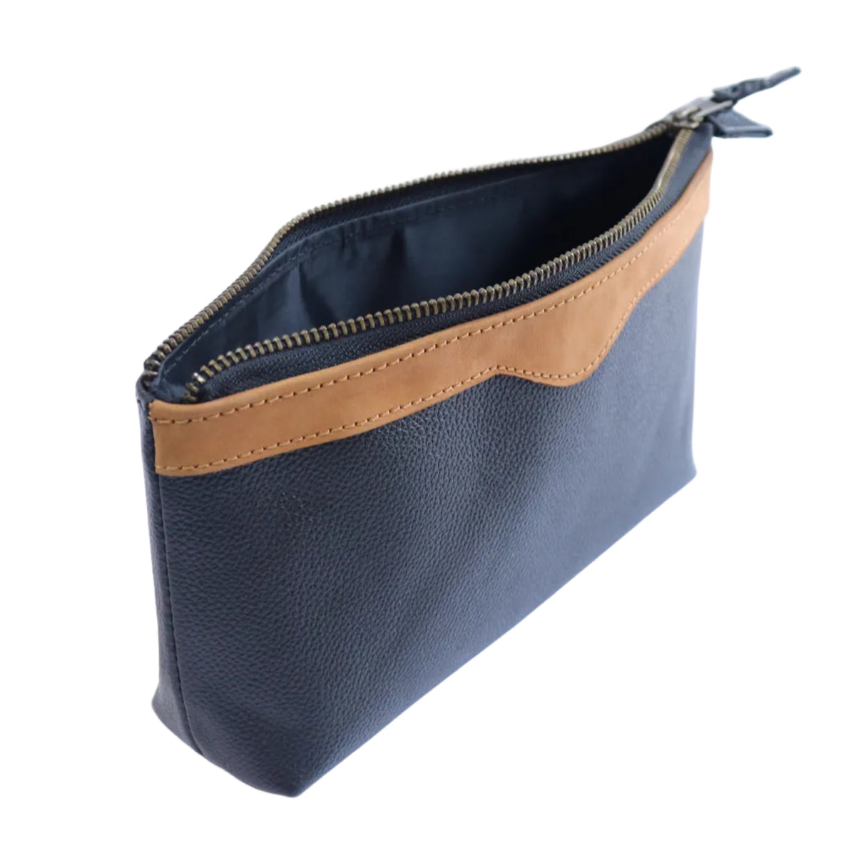 A pebbled leather pouch with a black exterior, tan accent panel, and gold zipper, shown on a white background.