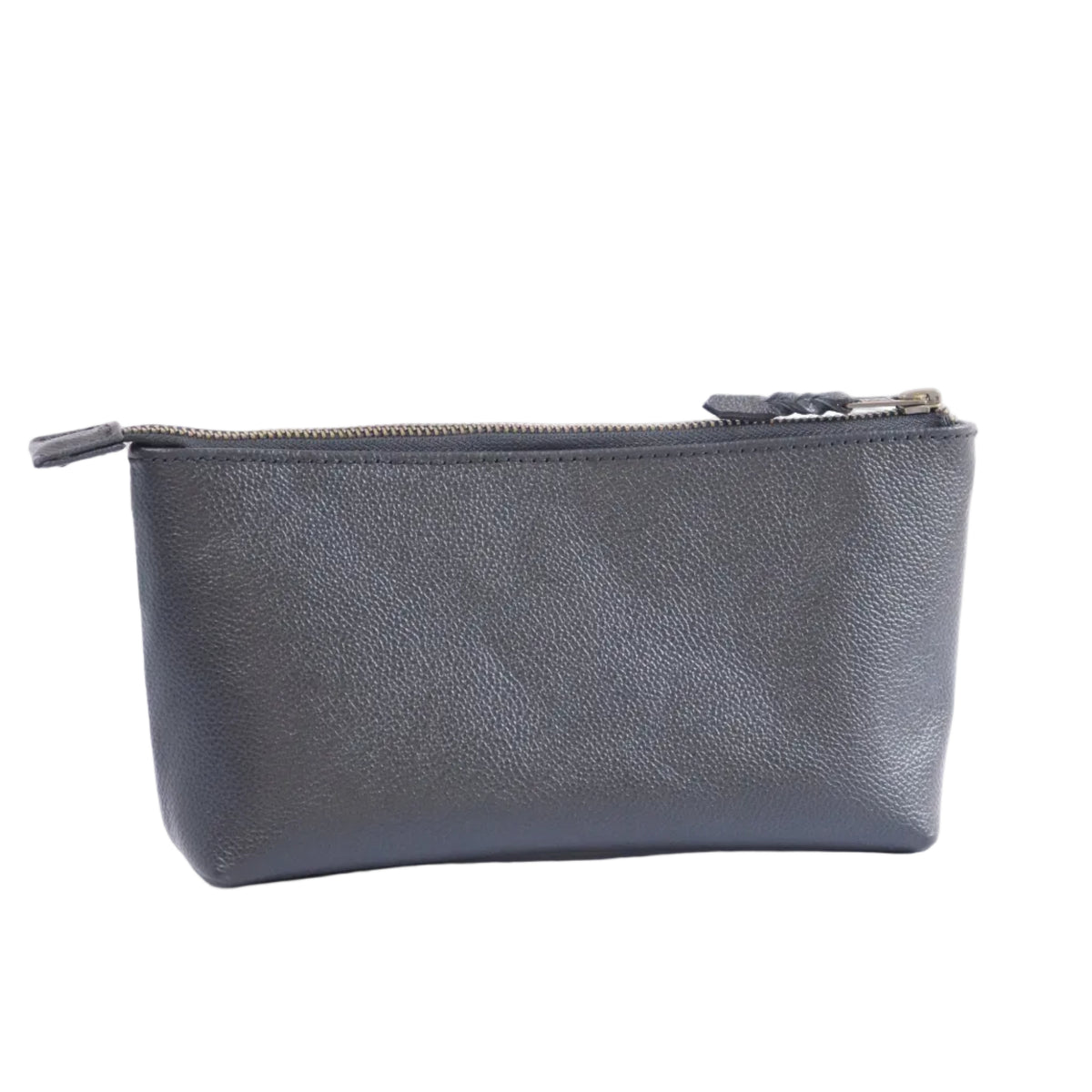A dark gray pebbled leather zip pouch with a top zipper and pull tab, shown against a plain white background.
