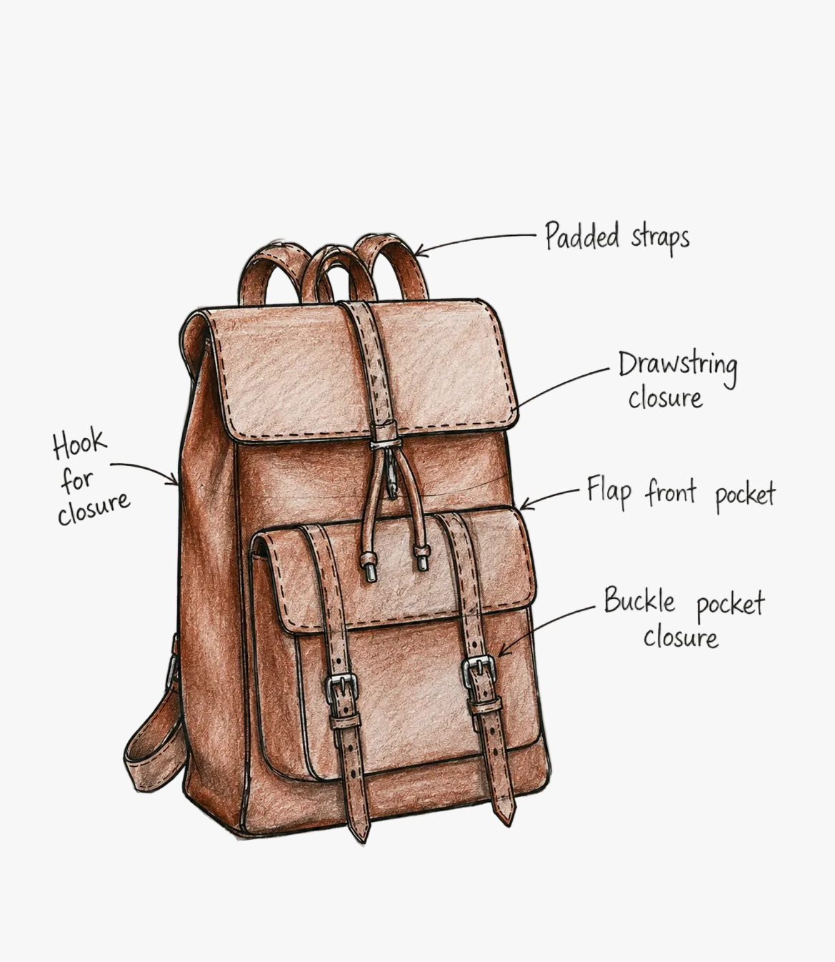 A hand-drawn illustration of a men's brown leather backpack with labeled callouts pointing to padded straps, drawstring closure, flap front pocket, buckle pocket closure, and hook for closure on a light background.