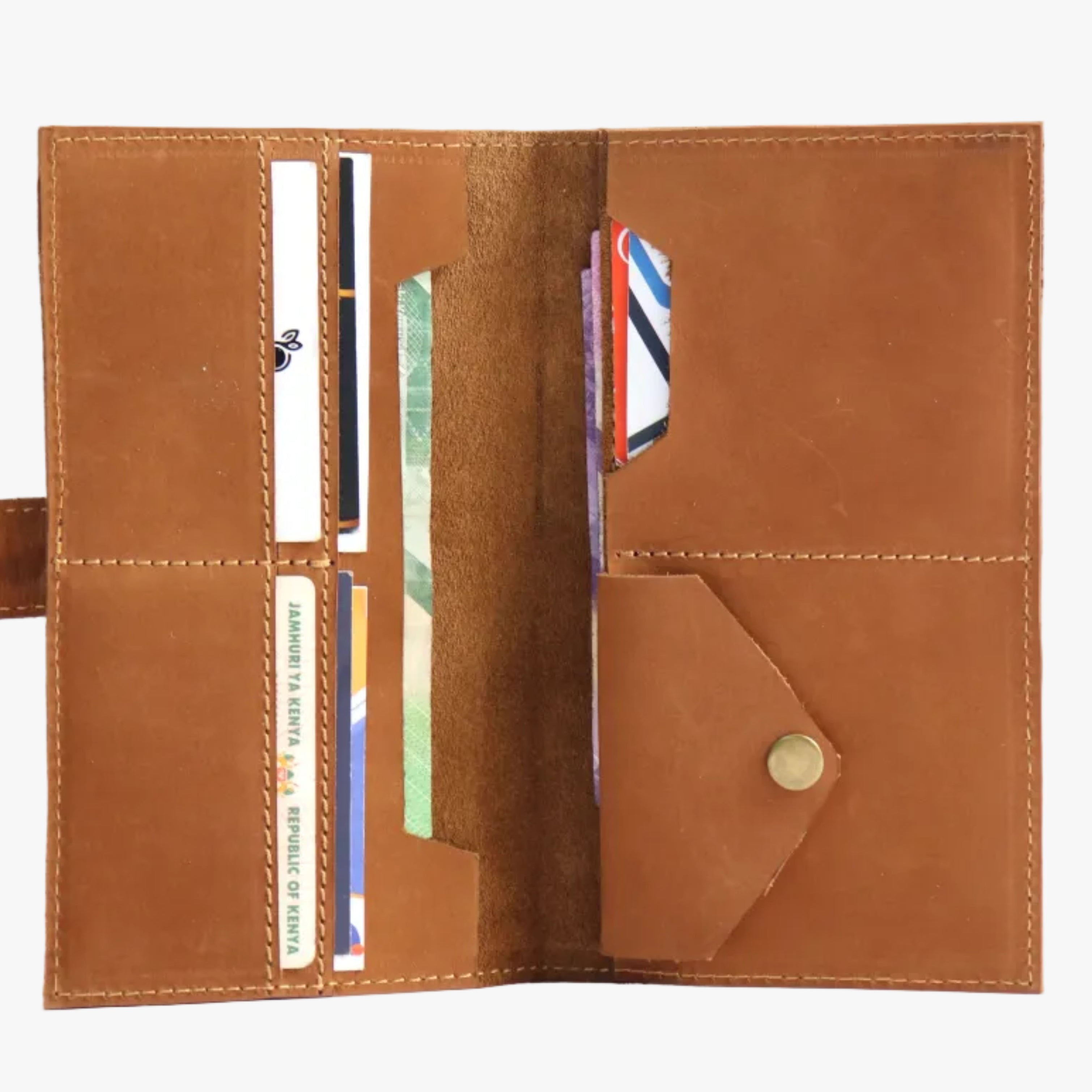 A tan leather wallet shown open, displaying its interior card slots filled with sample cards, a side strap, and a snap-button pocket on a white background.