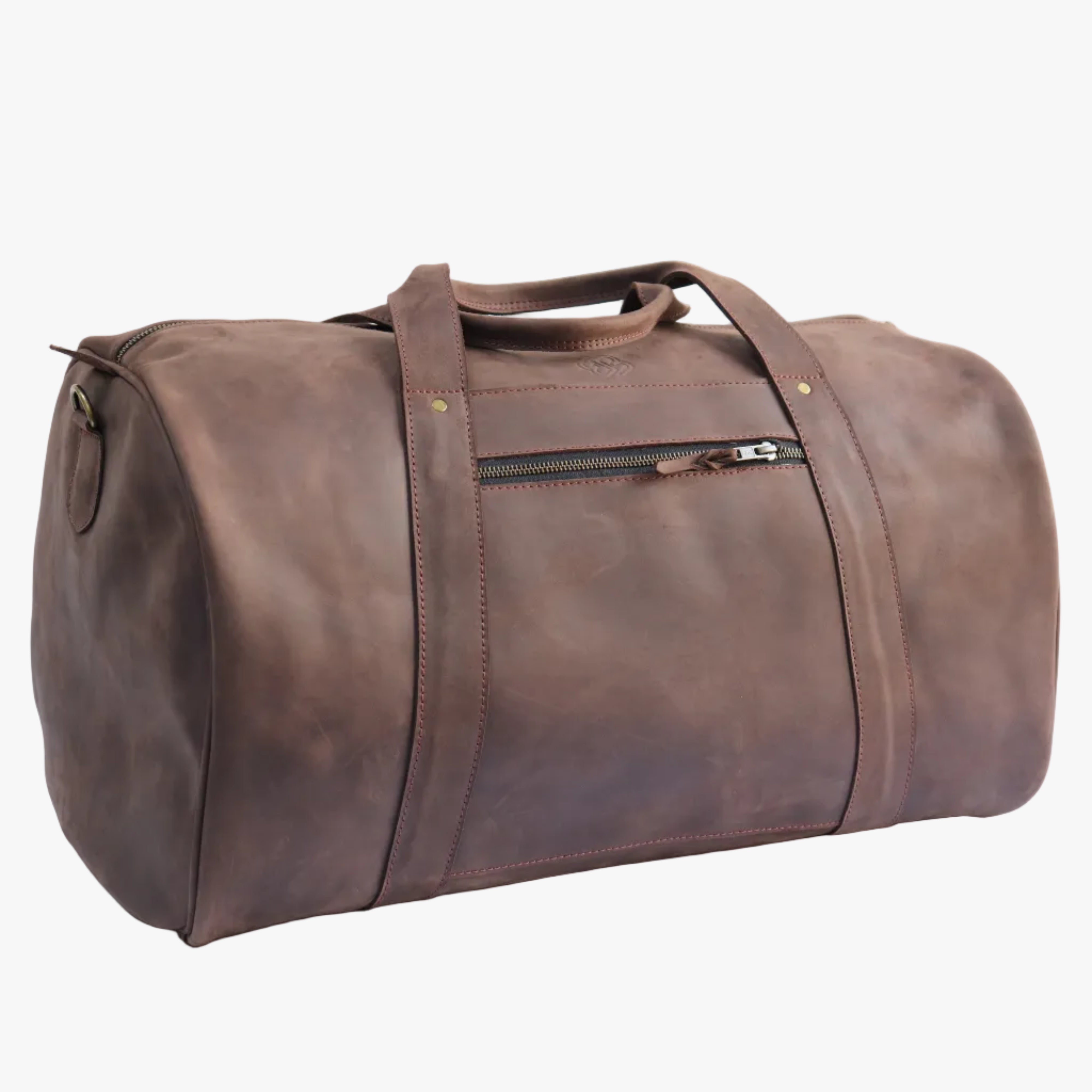 A brown distressed leather duffel bag with dual top handles and a front zippered pocket, photographed on a clean white studio background.