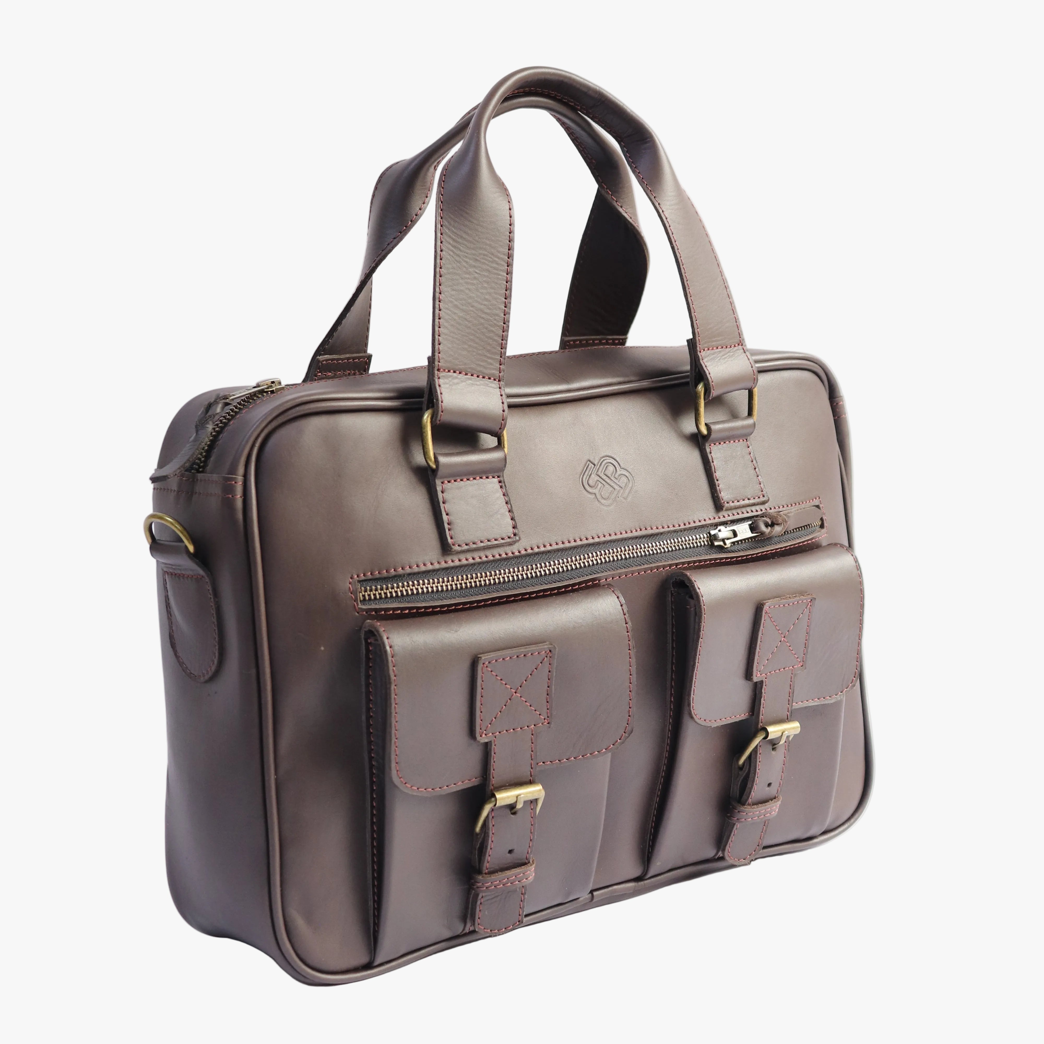 A dark brown leather briefcase with multiple front pockets, buckle details, and a top handle, photographed from an overhead angle on a white background.
