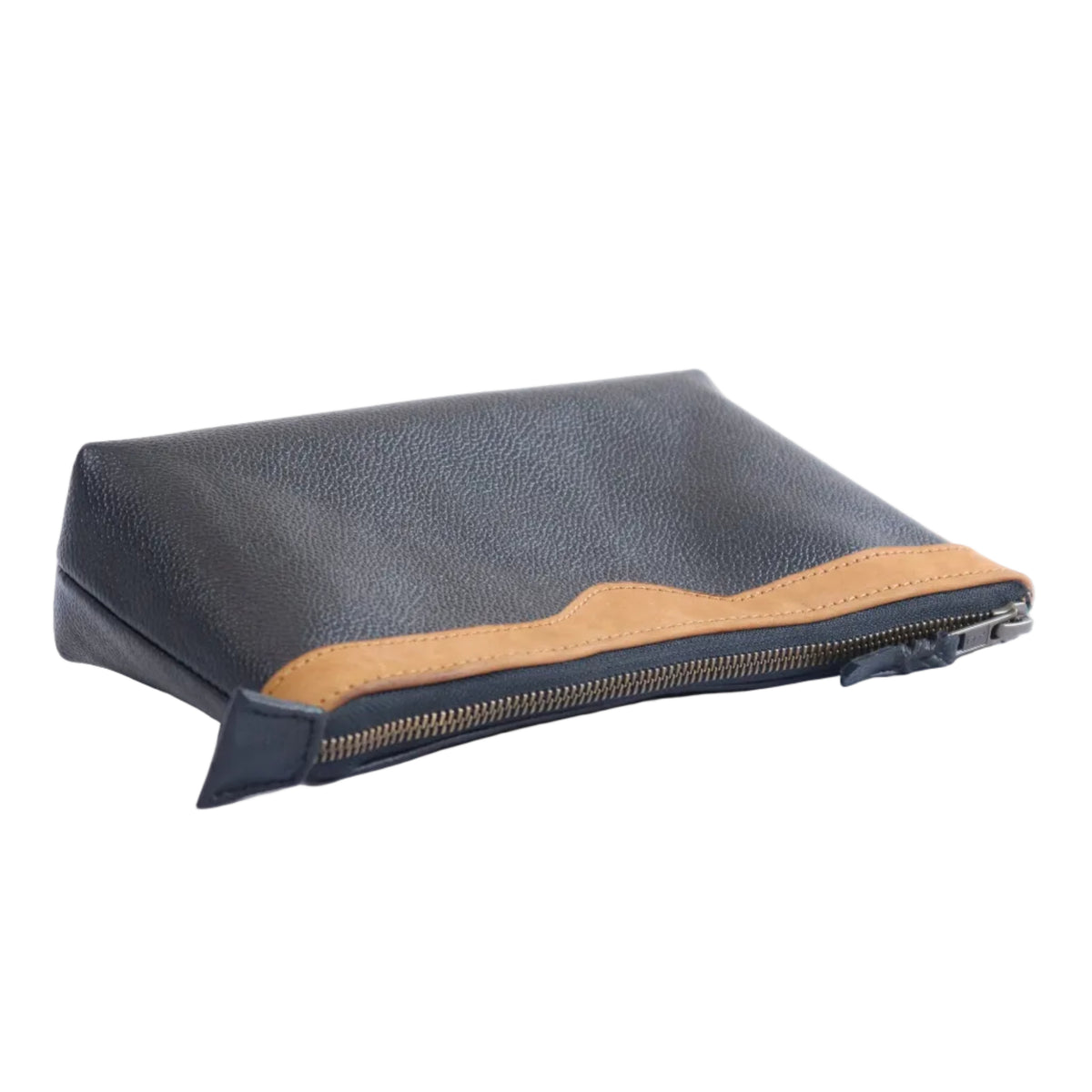 A black textured leather zippered pouch with a contrasting tan leather accent stripe and black leather zipper pulls, shown on a plain white background.