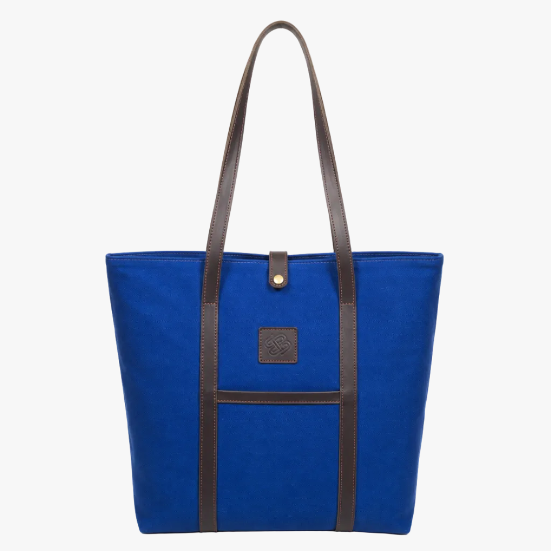 Blue tote bag with brown handles and a visible brand logo on a white background
