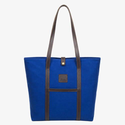Blue tote bag with brown handles and a visible brand logo on a white background