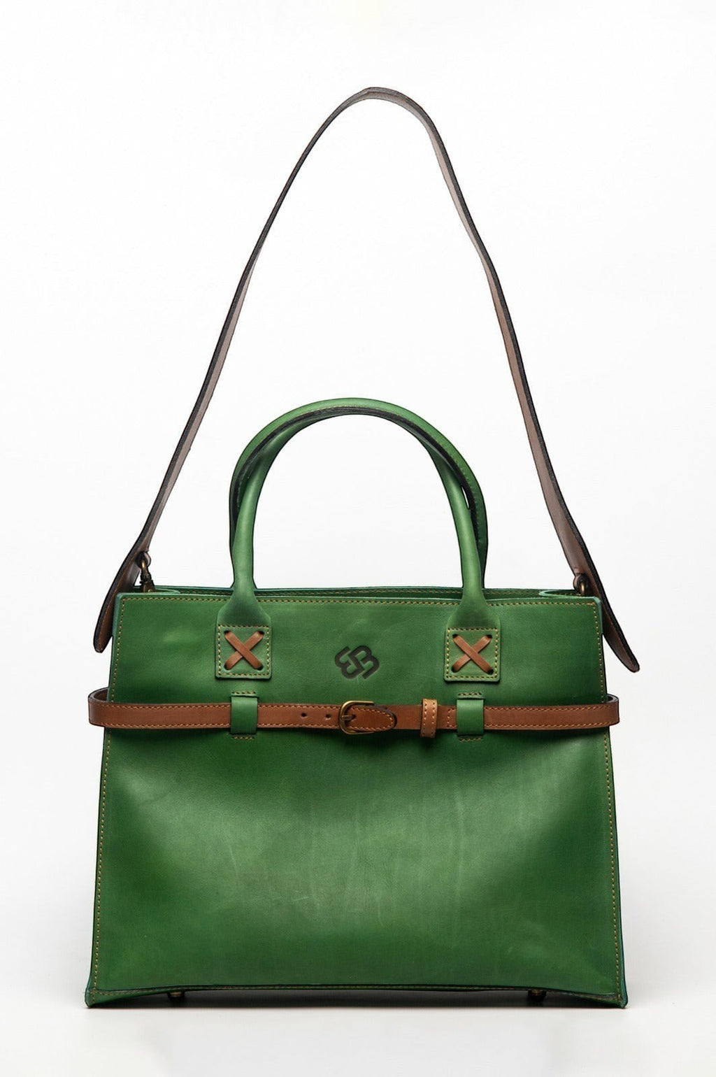 Blueberry Leather Duma Tote in forest green cowhide leather with a brown buckle belt and removable shoulder strap.