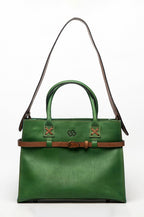 Blueberry Leather Duma Tote in forest green cowhide leather with a brown buckle belt and removable shoulder strap.
