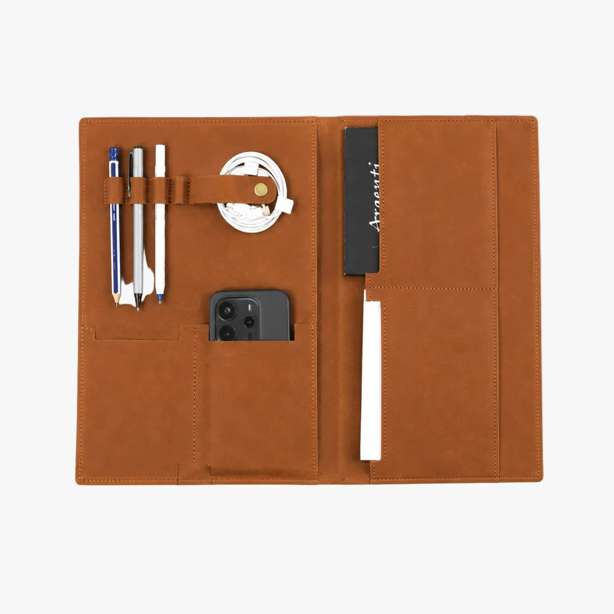 A brown faux-leather organizer pouch shown open on a white background, containing pens, a coiled white cord, a black card holder with white script, and a white pen.